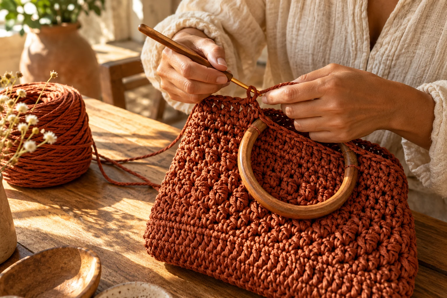 Mãos trabalhando uma bolsa de crochê